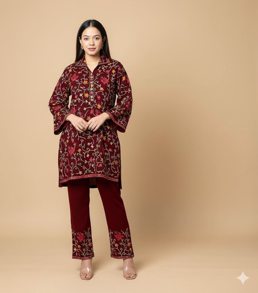 Women’s Embroidered Katan Suit – Maroon (2 Pcs)