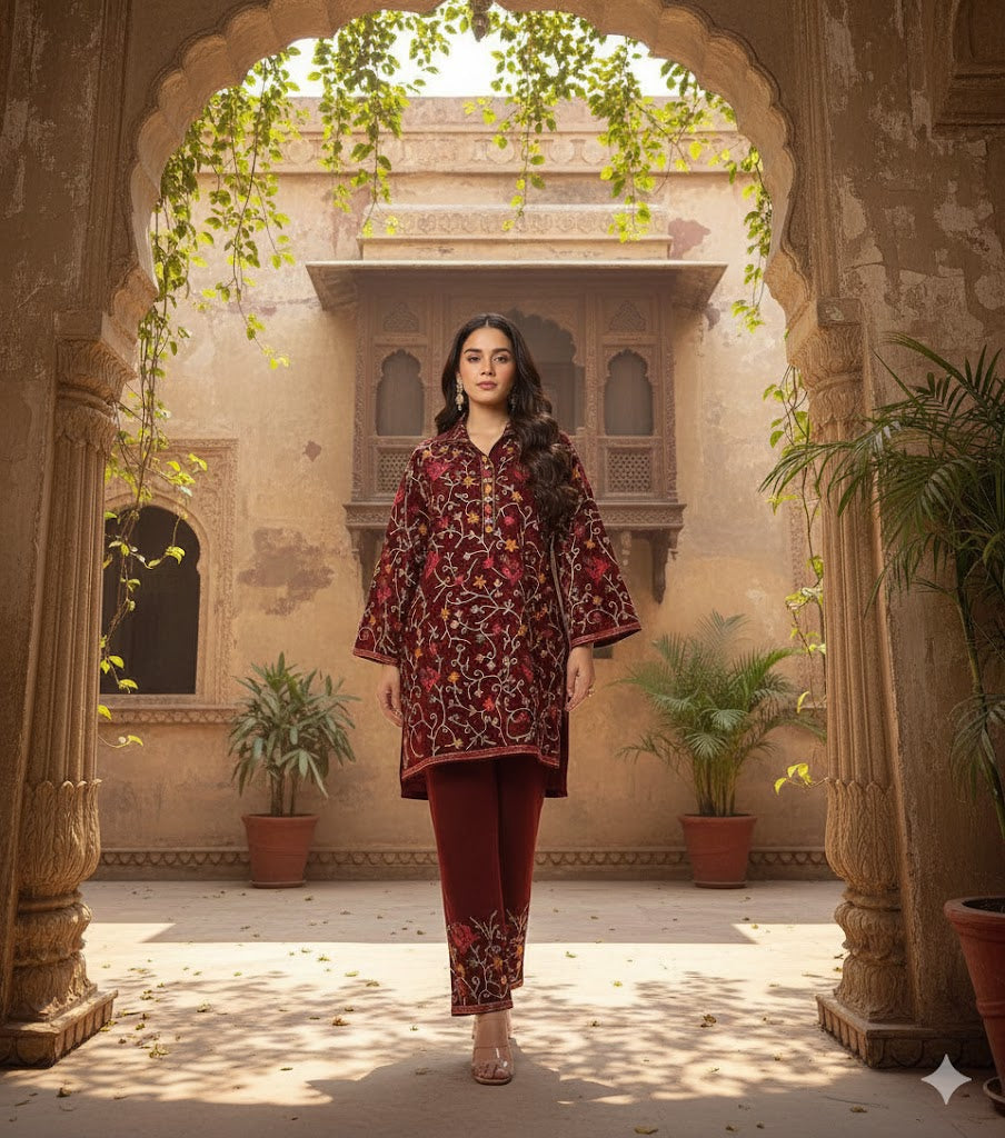 Women’s Embroidered Katan Suit – Maroon (2 Pcs)