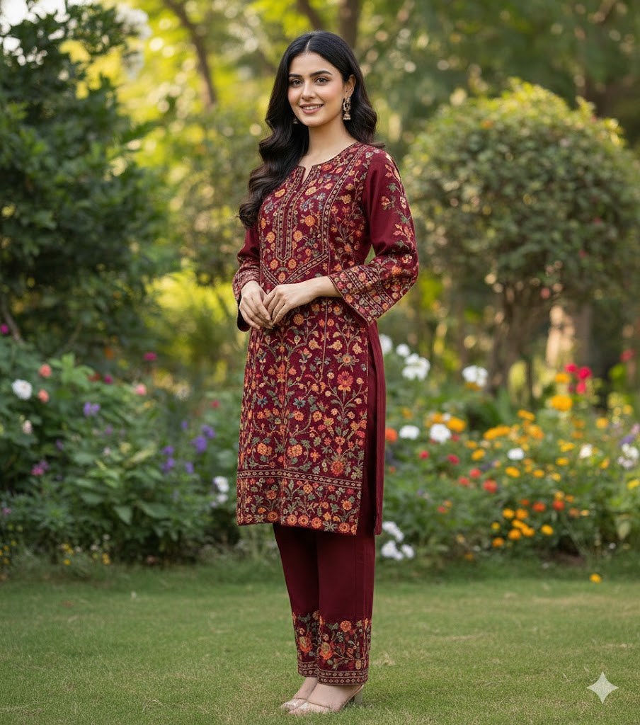 Women’s Embroidered Katan Suit – Maroon (2 Pcs)