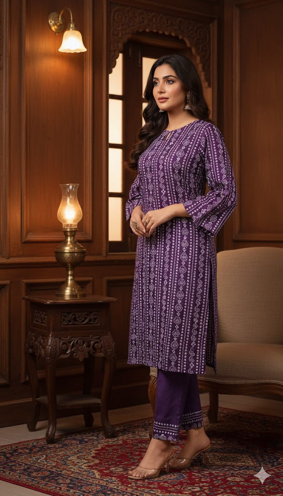2 Pcs Women Linen Printed Stitched Suit